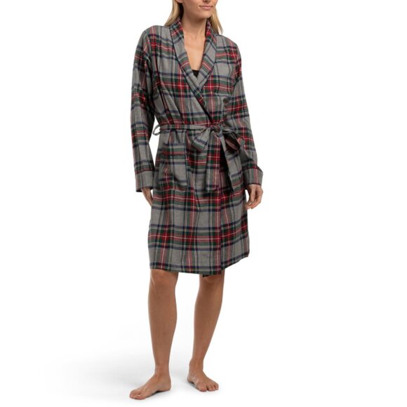 PETITE PLUME Grey Cotton Twill Westminster Tartan Robe - Picture 1 of 2
